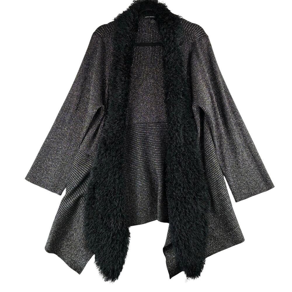 Lauren Michelle Open Front Knit Cardigan Women's 2X Mob Wife Metallic Faux Fur